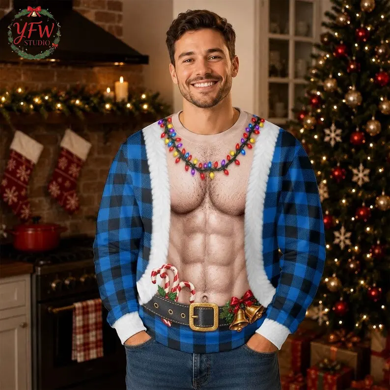 3D Print Fake Muscle Skin Humour Cosplay Ugly Sweatshirt Men Merry Christmas Personality Party Novel Pullover Sweater Fun Gift