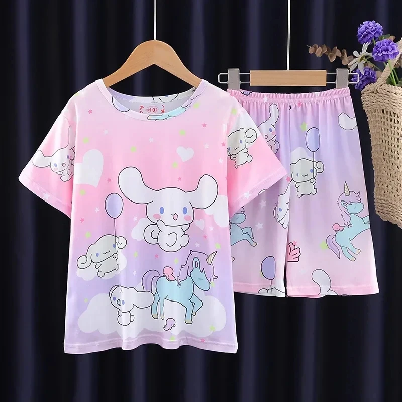 Sanrio Cinnamoroll hellobykitty Kuromi Cartoon pigiama per bambini 2024 Summer Kid Milk Silk Casual Sleepwear Girl Pijamas Sets