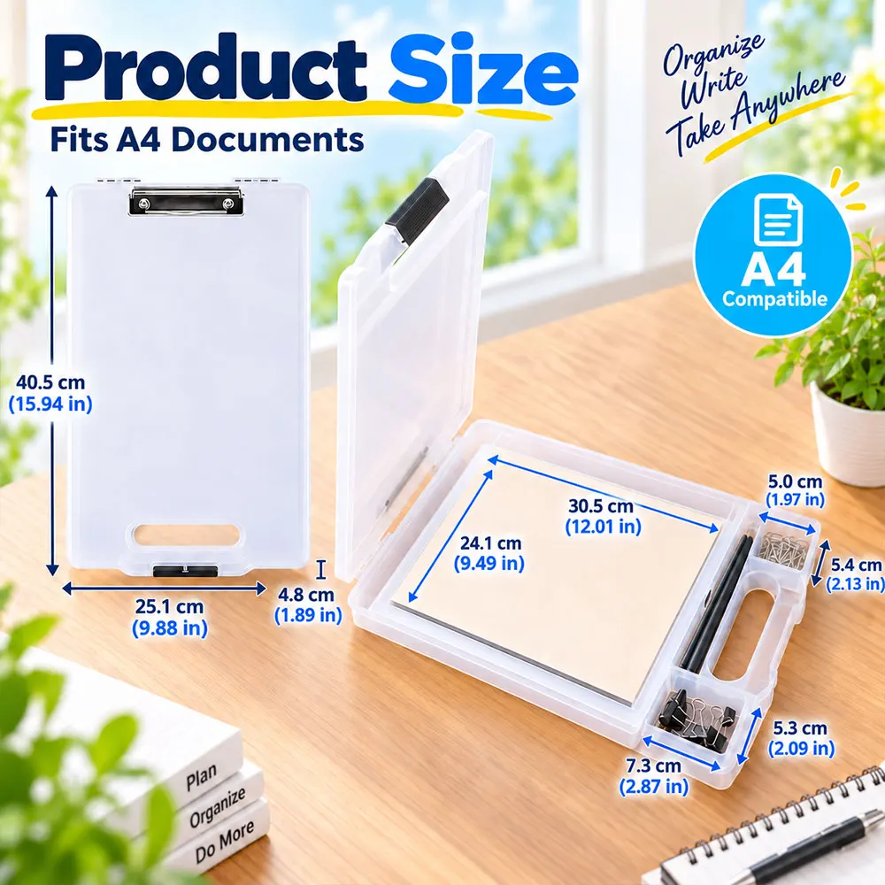 1pc Portable Clipboard with Storage, A4 File Organizer Box with Metal Clip, Pen Holder, Handle & Compartments for Office School