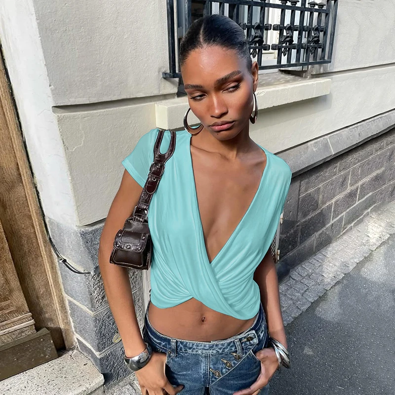 Hugcitar Damenmode, tiefer V-Ausschnitt, einfarbig, kurzärmelig, gerüscht, sexy Crop-T-Shirt, Top, Sommer, Strandurlaub, weibliches Outfit – Detail 20