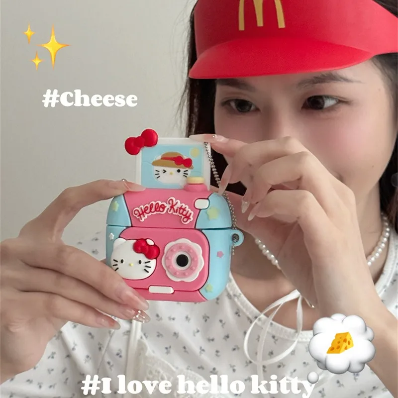 سانريو مرحبا كيتي ل AirPods 4 3 2 1 Pro Pro2 حقيبة سماعة الاذن واقية شل شكل الكاميرا AirPods حافظة ملحق مع قلادة