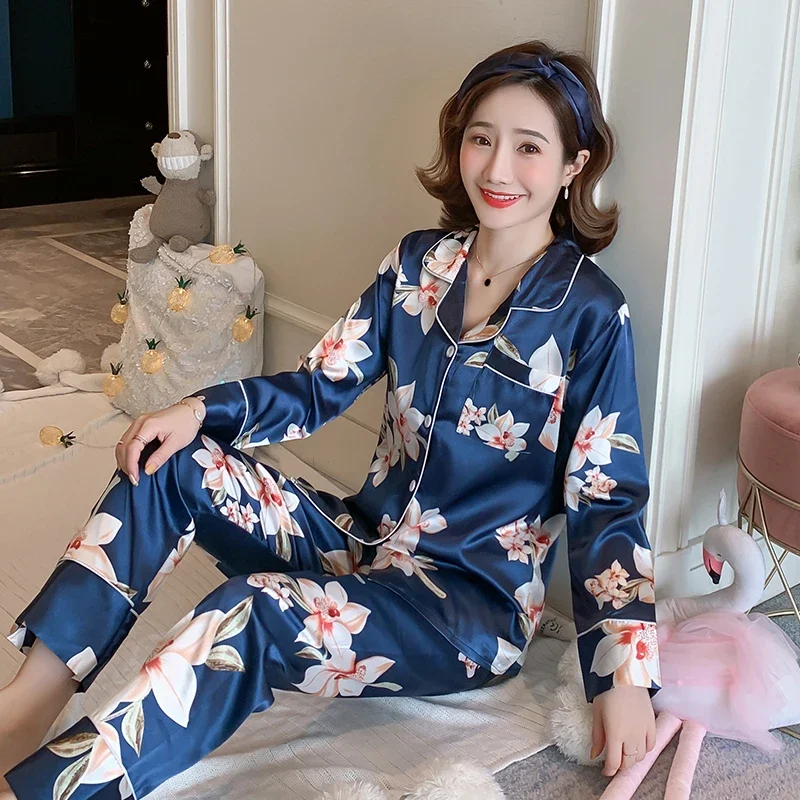 Women Sleepwear spring Pajamas Set for women Fake Silk Print Sweet Pijama Set Girl Nightgown Loose Waist Long Pant Silk Pajamas