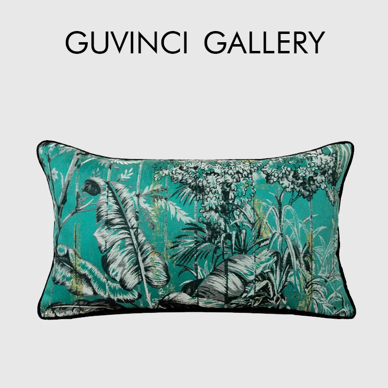 

GUVINCI Oriental Art Plantain Leaves Jacquard Lumbar Pillow Cover Luxury Silk Decorative Cushion Case 30x50cm Turquoise Green