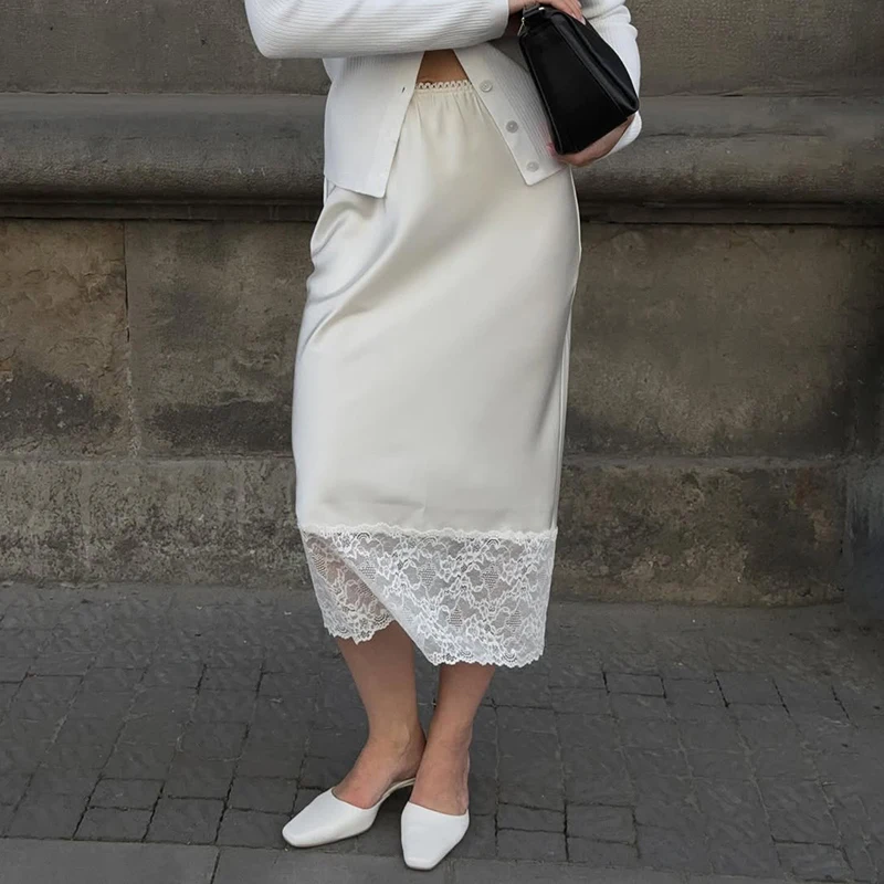 2025 New White Lace Patchwork Slim Skirts Fashion Long Half-length Skirt Luxury Y2k Party Looks Vintage Casual Women Skirts