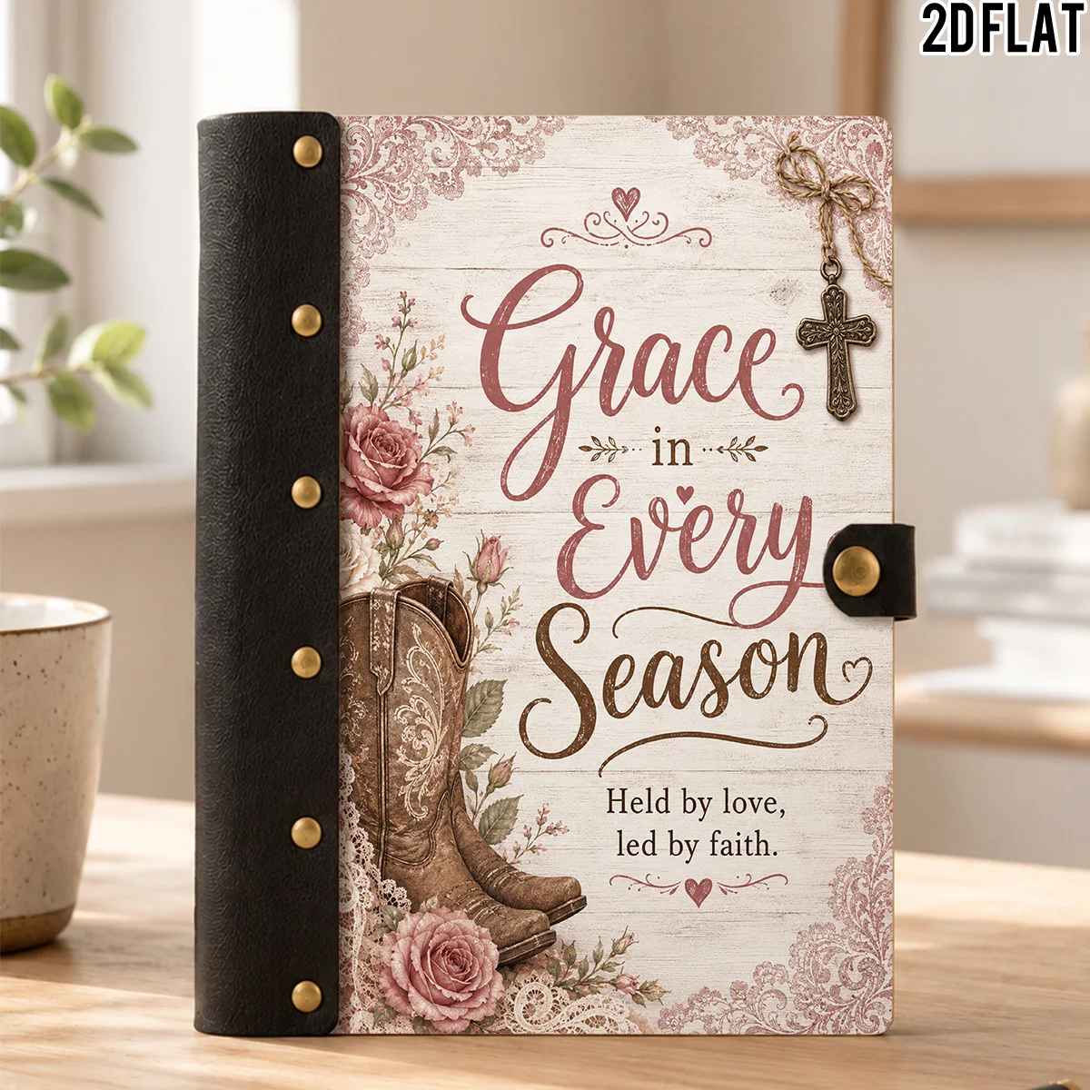 1PC 2DFlat Wooden Notebook, Hardcover Grace In Every Season Rose Cowboy Boot Print, 100 Pages With Leather Rivet Craft Decoratio