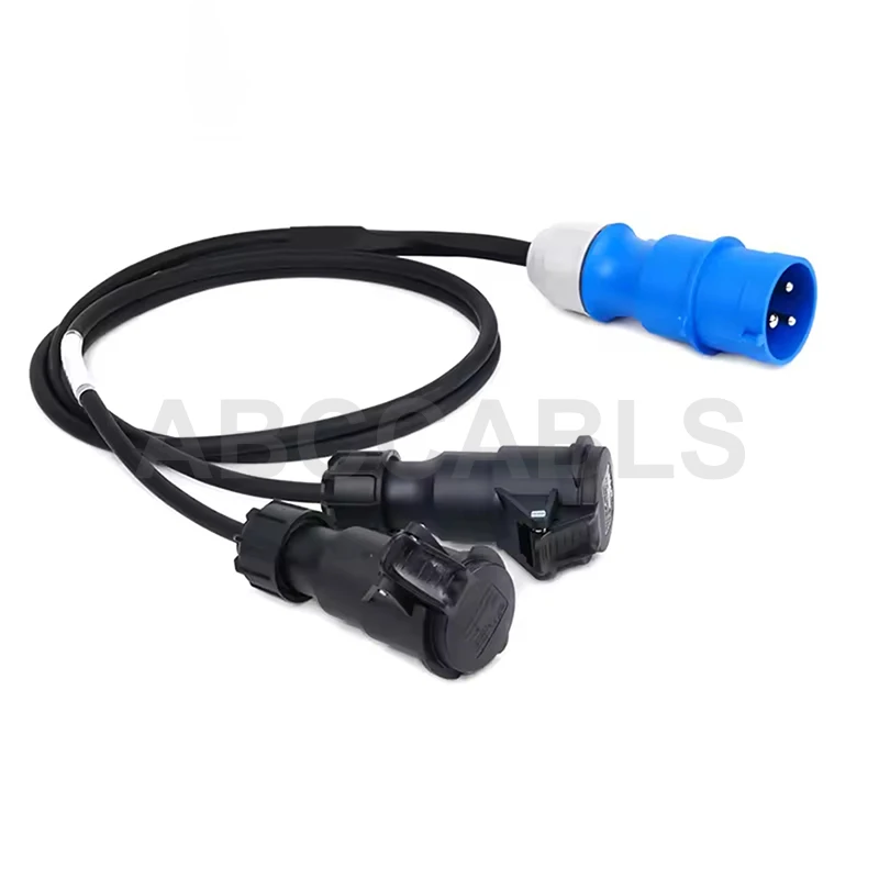 Jinsanhuhu 16A Waterproof One-in-Two Power Splitter PVC Material Blue Aviation Connector Male Plug For Stage Lighting