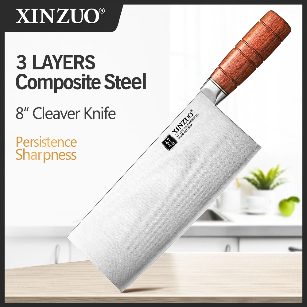 XINZUO New Arrival 8 Inches Cleaver Knife Customized 3-layer Composite Steel 440C Steel Core 58-60HRC Innovative Handle Design
