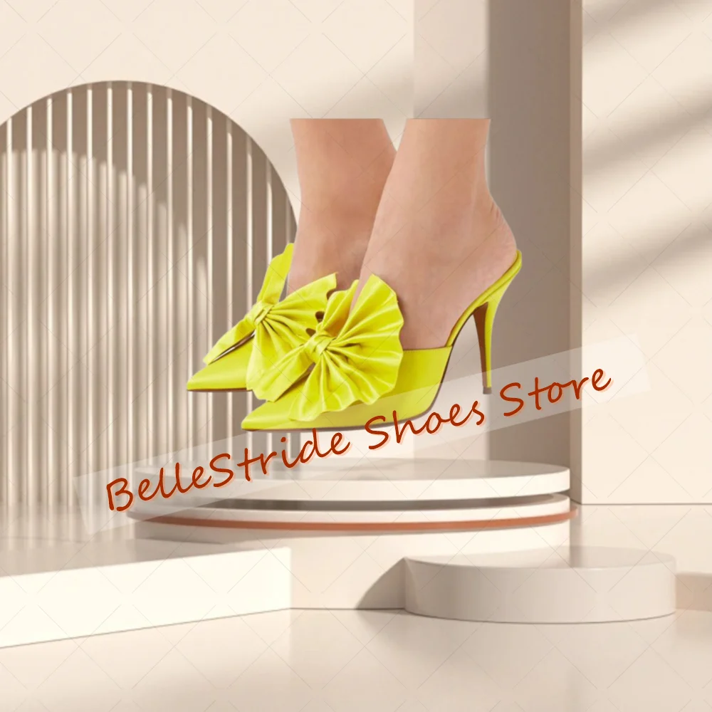 

Yellow Pointed Toe Bow knot Decor Slippers Women Shoes Stilettos High Heels Party Banquet Dating 2025 Zapatos Para Mujere