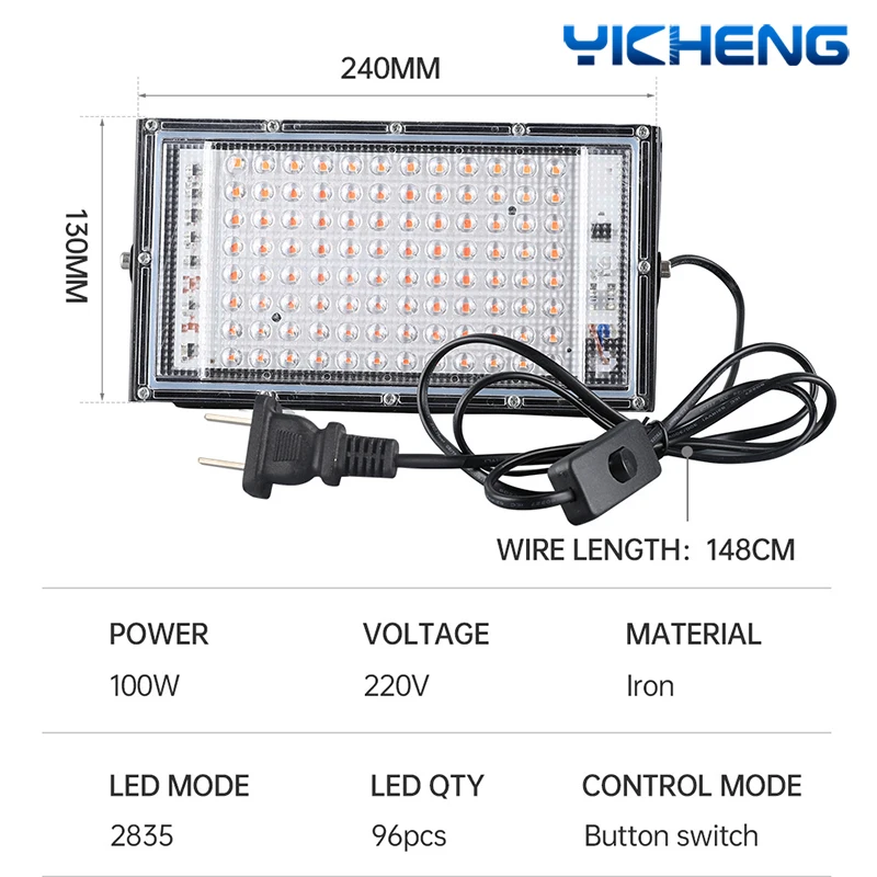 LED Grow Light Phyto Lamp 100W Full Spectrum Floodlight Indoor Outdoor Greenhouse Hydroponic Plant Spotlight US Plug With Switch