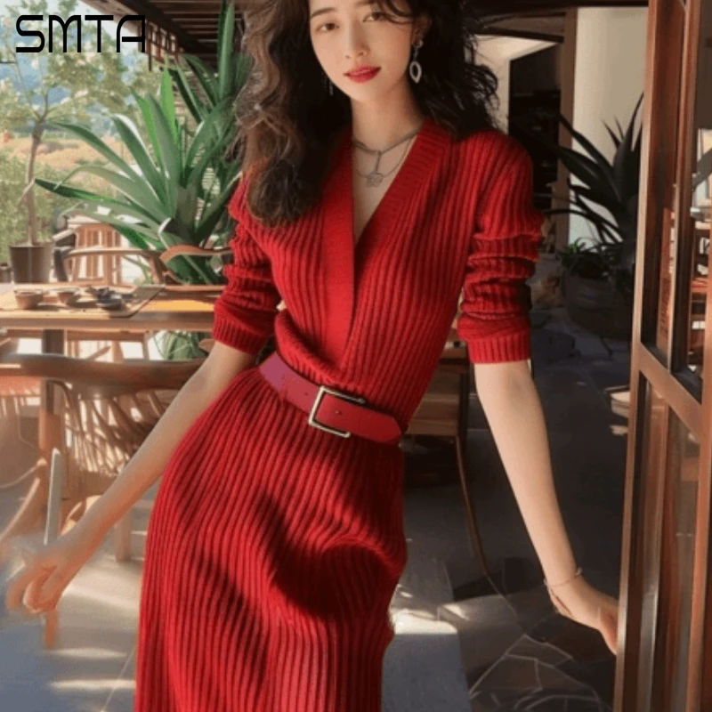 Christmas Red Knitted Sweater Wedding Dresses for Women Luxury Plunging V-Neck Long Sleeve Belted Night Club Party Dress Autumn