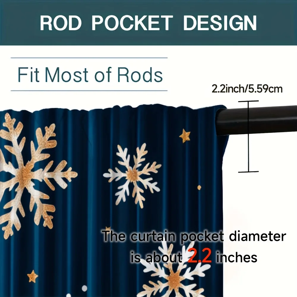 Dark Navy White Gold Snowflake Curtains 2 Panels, Minimalist Winter Star Dot Simple Elegant Xmas Holiday Living Room Curtain