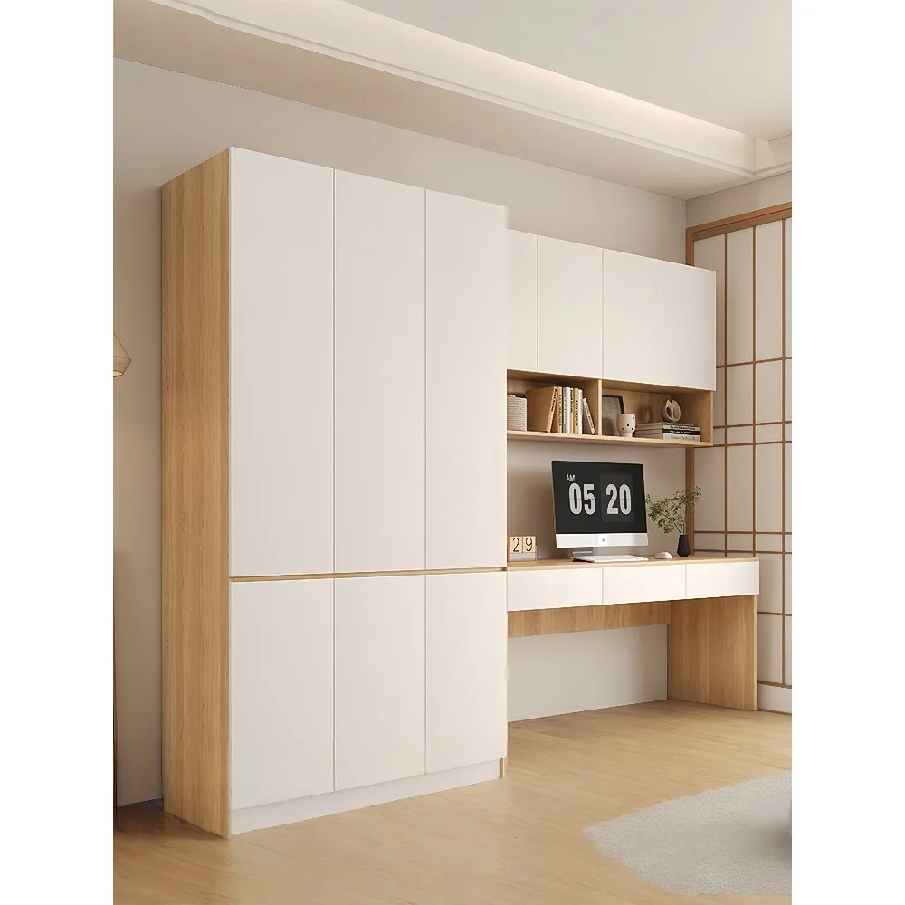 Solid Wood Desk with Wardrobe Combo Wall Cabinet & Bookshelf Space Saving Computer Writing Table for Home Office Bedroom
