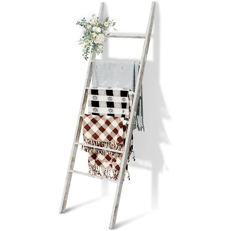 6-Tier Blanket Ladder Wooden, 5.7FT(66.5'') Blanket Quilt Towel Holder Rack Decorative Ladder, Easy Assembly