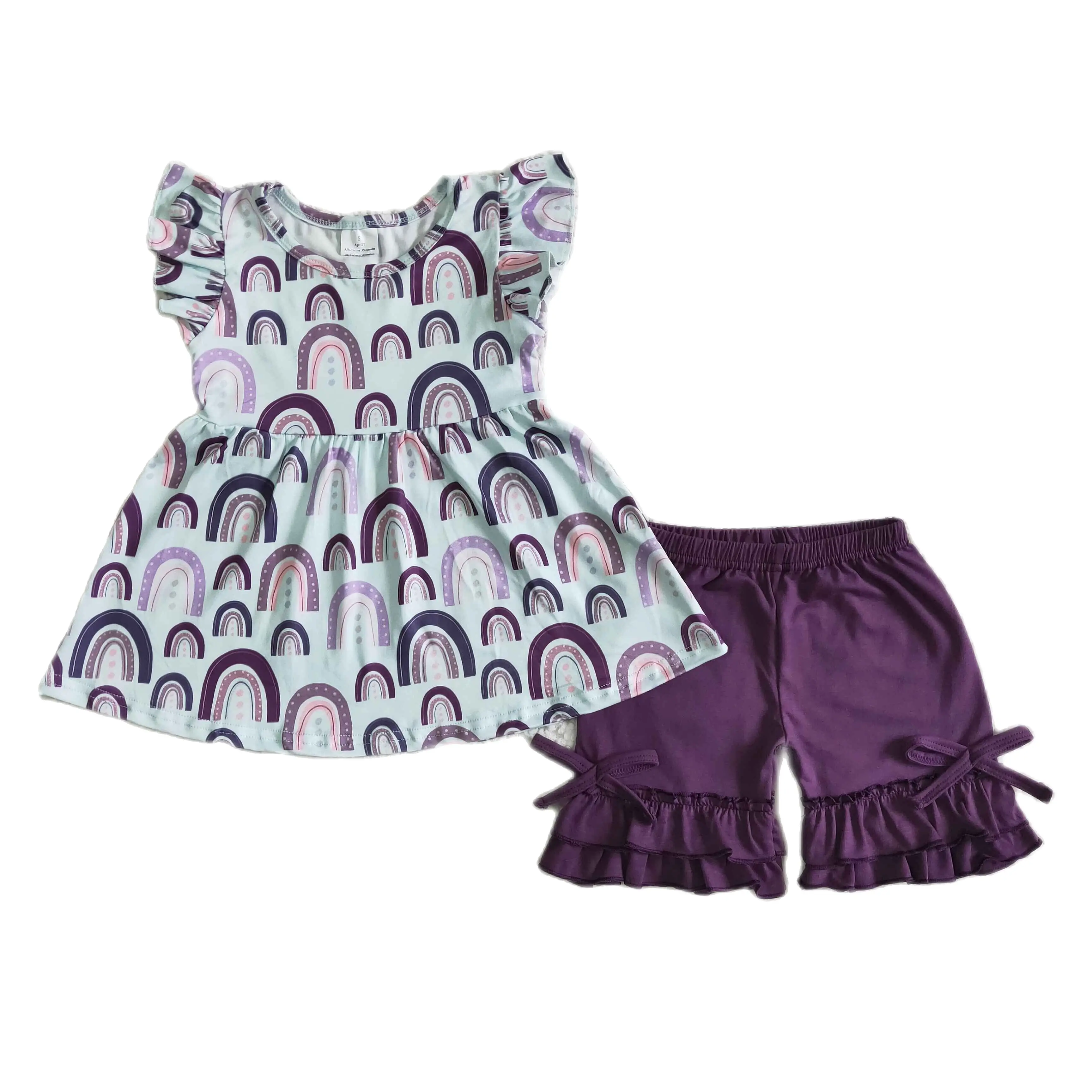 

3.05 Kids Girl Rainbow Short Sleeve Tunic Match Dark Purple Shorts 2pcs Set Baby Summer Clothes