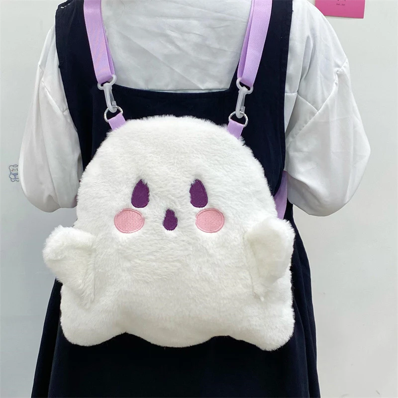 Bolsa de pelúcia fantasma kawaii feminina, bolsa engraçada dos desenhos animados, mochila com tudo, sacolas pequenas de desenhos animados, moda casual, doce e fofo