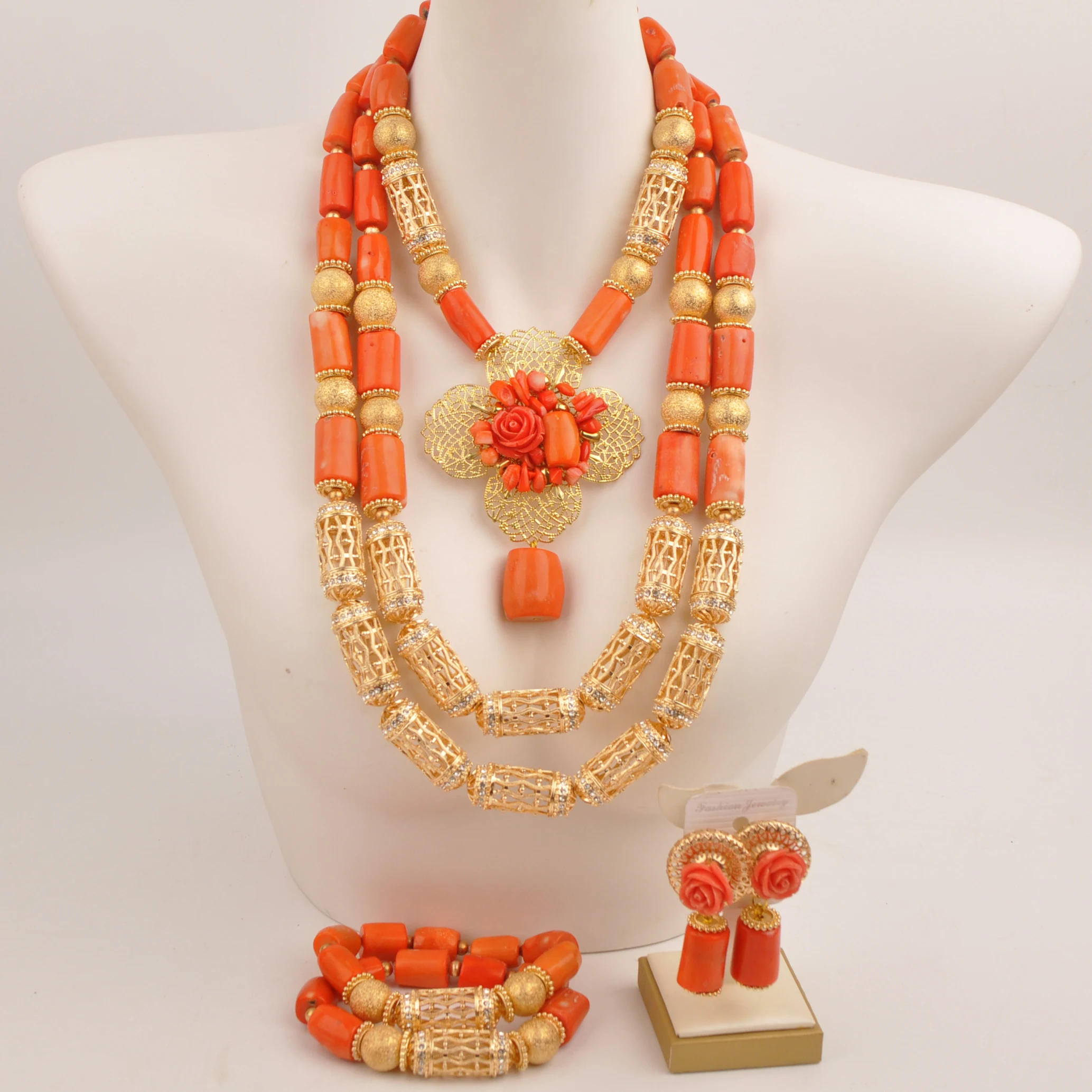 

Wedding Orange Jewelry Natural Coral Necklace Africa Nigeria Wedding jewelry set luxury