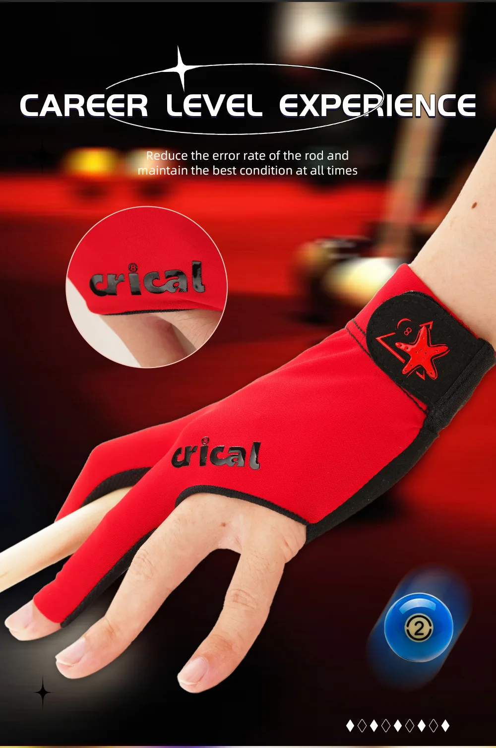 CRICAL 3-Finger-Billardhandschuh, bequeme Lycra-Snooker-Queue-Handschuhe, rechte und linke Hand, Billard-Trainingshandschuhe, Zubehör – Detail 3