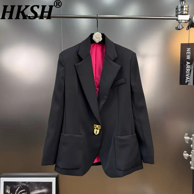 

HKSH Spring Autumn New Women's Blazer Metal Buttoned Notched Collar Pockets Elegant Fashion Office Lady Coat Chic Jacket HK14035