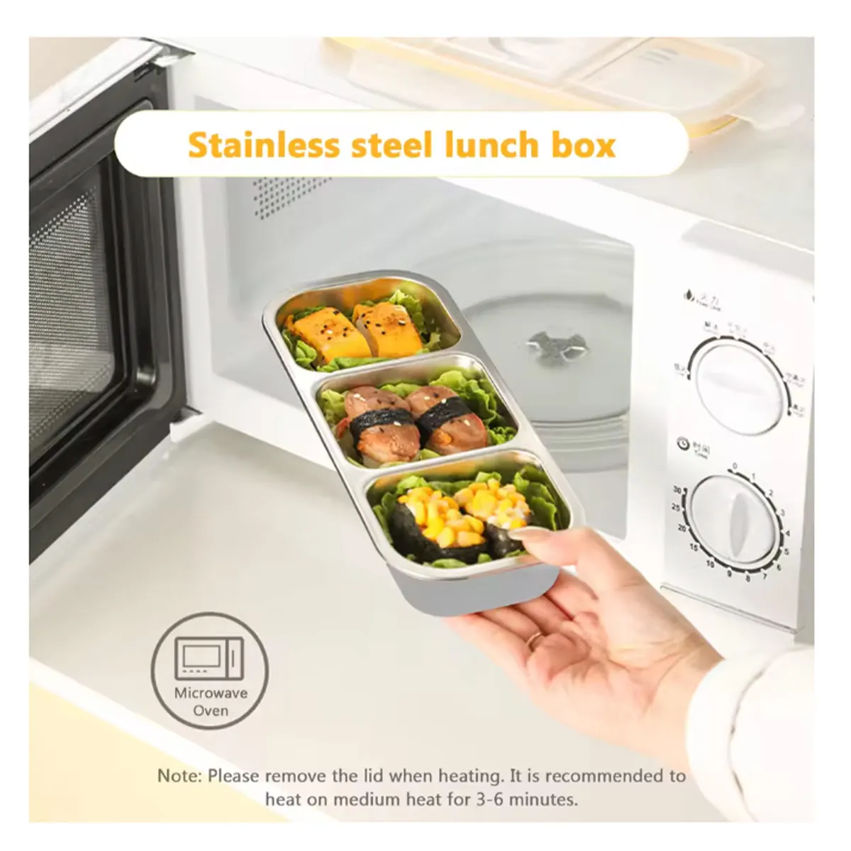 304 Edelstahl 3-Fach Unterteilte Leichte Mahlzeiten-Bento-Box für Büroangestellte, Portionskontrollierte, Tragbare Obst-Snack-Box Lunchbox – Detail 3