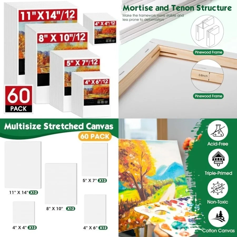 Stretched Canvas for Painting, 60 Pack Multi Size11x14, 8x10, 5x7, 4x6, 4x4, Blank Primed Canvases for Oil & Acrylic Painting, Painting Canvas Supplies for Beginners, Artists(12 of Each).