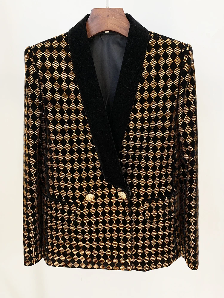 

HIGH STREET Newest Fashion 2024 F/W Designer Jacket Women's Shawl Collar Plaid Diamonds Strass Embellished Velvet Blazer