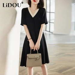 Summer V-neck Elegant Fashion Patchwork Knee Length Waist Dress Ladies Short Sleeve Temperament A-line Robe Women Casual Vestido