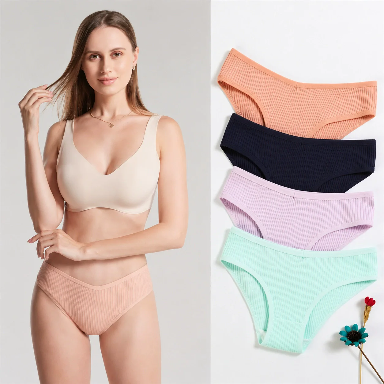 4-Piece Cotton Thread Women's Triangle Pants Solid Color Low Waist Comfortable Breathable Underwear Women's Sexy Triangle Pants