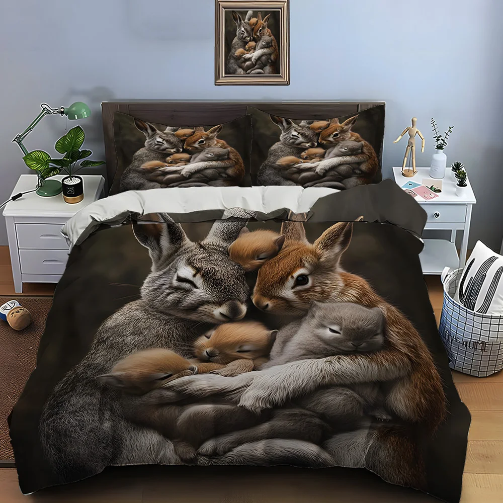 Warm rabbit family embrace Print Soft Comfortable Duvet Cover Bedding Set Included 1*Duvet Cover  2*Pillowcases Luxury gifts