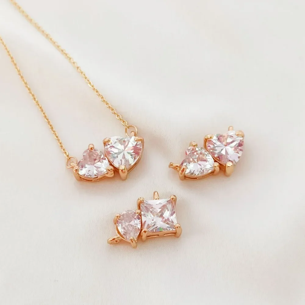 14K Zircon Set Double Heart Water Drop Square Connecting Pendant Bracelet Necklace Pendant Diy Accessory