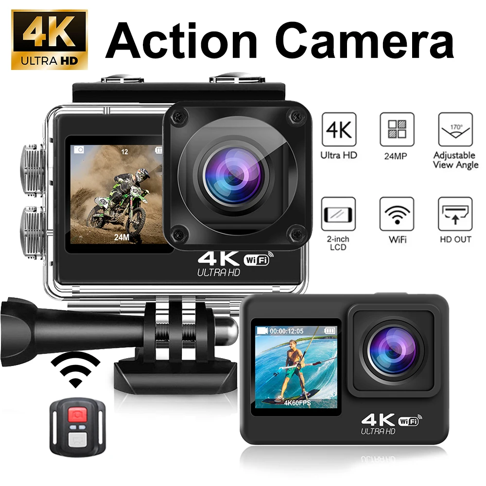 Q60TR 4K 60FPS Action Camera 2024 New Dual Touch Screen Waterproof Sport Camera WiFi 170°Wide Angle Len Motorcycle Drive Record