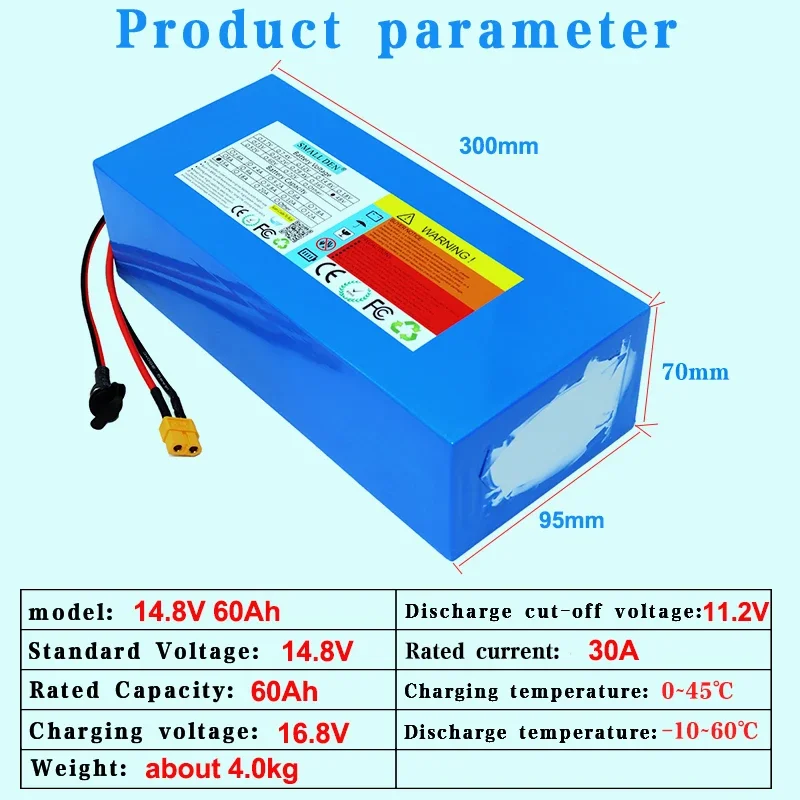 4S20P 18650 14.8V 60Ah Li-ion Battery with Built-in 30A BMS, Suitable for 12V/14.4V 0-450W Electronic Devices Using+5A Charger