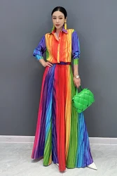 2024 Autumn New Women Set Colorful Shirt Loose Folds Colorful Large Swing Long Skirt Two Piece Set J392