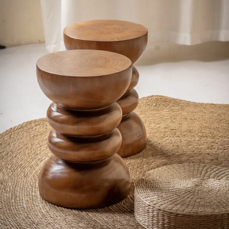 Walnut Color Natural Timber Tree Trunk Square Pedestal Round Coffee Stool New Asian Style Homestay Art Accent for Living Room