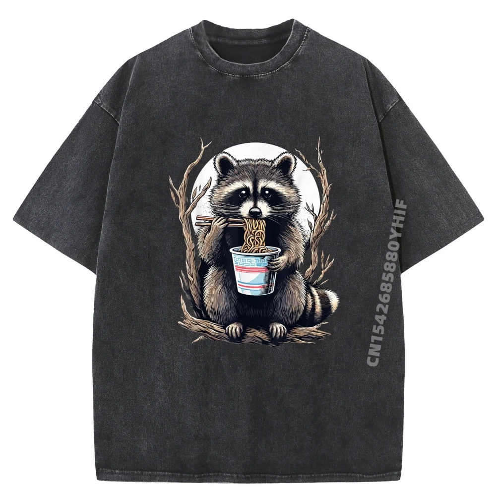 

Funny Female T-shirts Women Tops & Tees Graphic Shirts Retro Washed Clothes Raccoon Eating Instant Noodle Cup Printed Tops