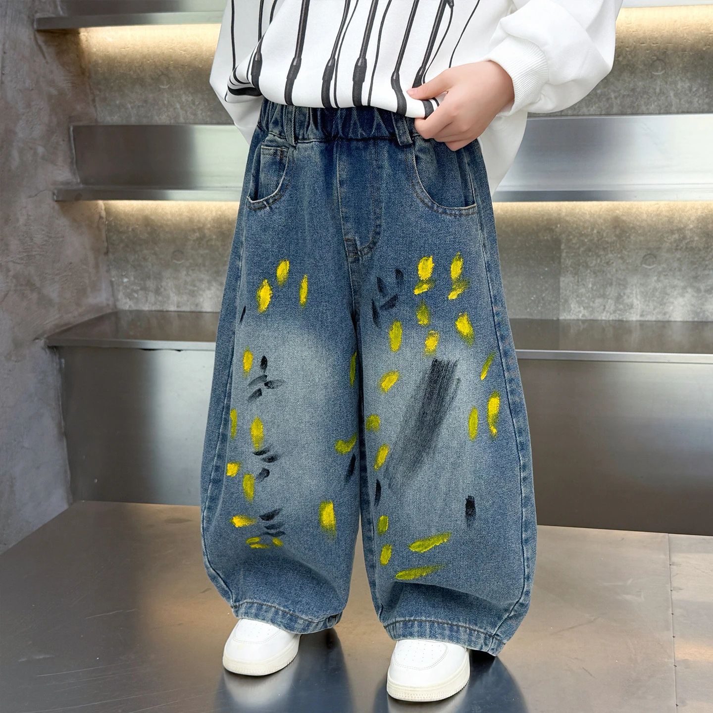 Children Fashion Painting Baggy Jeans For Boys Trendy Street Graffiti Denim Pants Kids Teenager Wide Oil Print Jeans Trousers