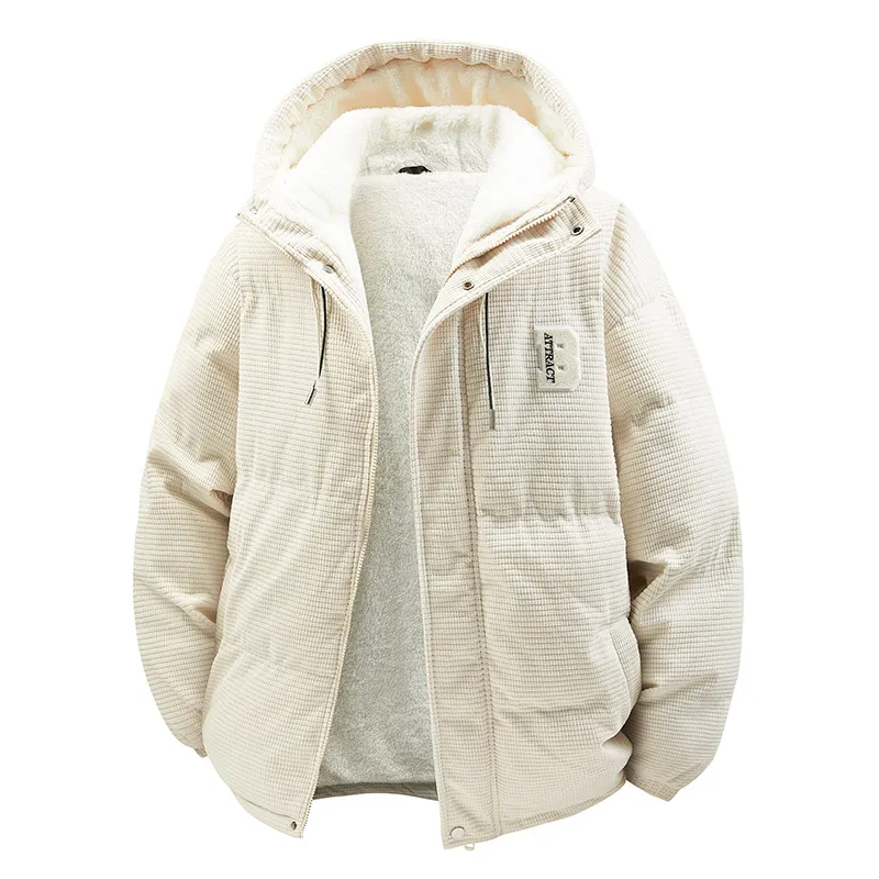 سترة سروال قصير من القطن الدافئ للرجال في الشتاء مع سترة بغطاء للرأس عازلة مخملية مضافة، سترة خبز فضفاضة وسميكة مقاومة للرياح #3