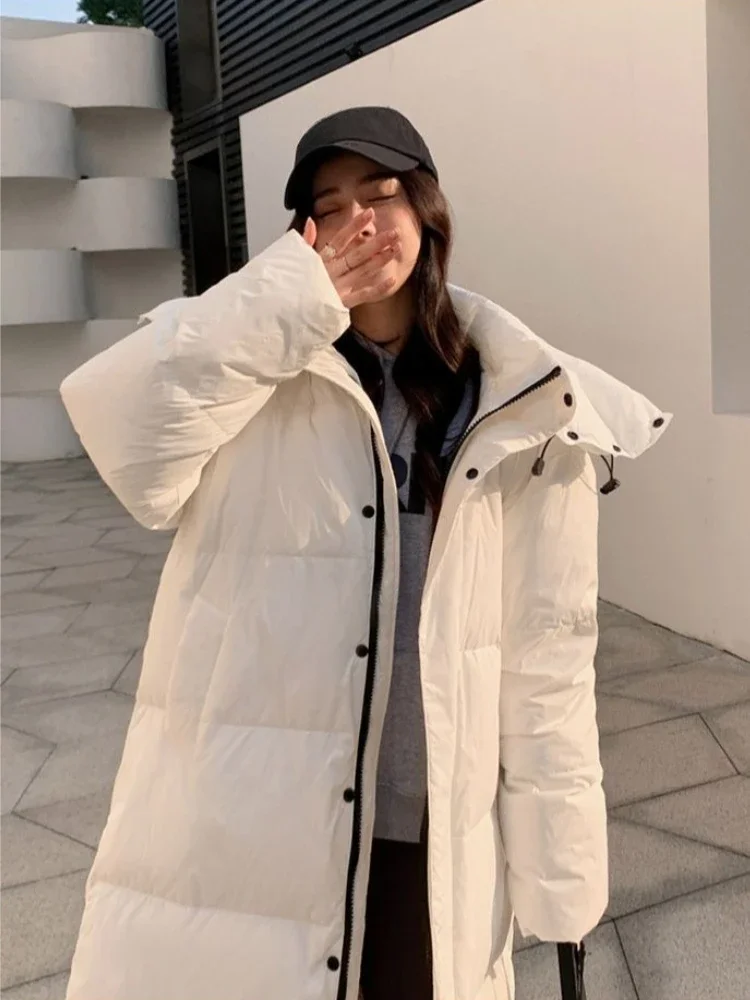 Korean Style Women Faux Fur Collar Hooded Overcoat Winter Warm CottonPadded Y2K Vintage Loose Casual Daily Long Outerwear Jacket