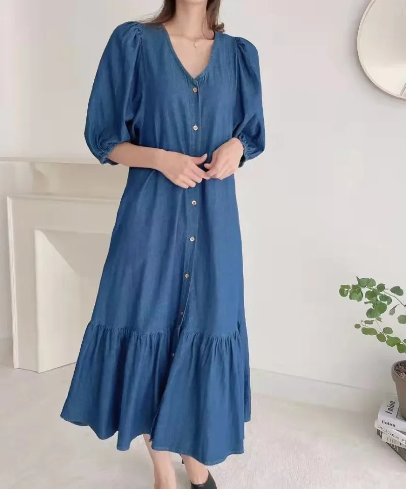 

Women Denim Blue Robes Oversized Fashion Summer Puff Sleeve Maxi Vestidos Retro Dress Y2k Casual Solid Button Baggy Sundress 원피스