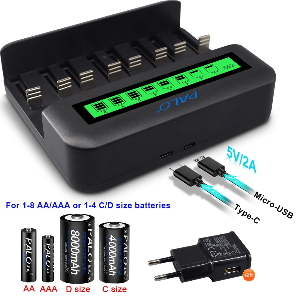 PALO 8 Slots LCD USD Charger for 1.2V AA AAA C D Size NIMH Rechargeable Battery LR3  LR6 LR14 LR20 Battery Smart Fast charger