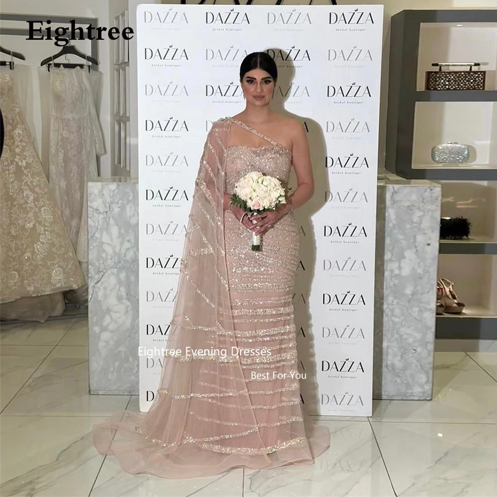 

Eightree Pink Tulle Luxury Evening Dresses Long A Line Strapless Cap Sparkle Formal Occasion Dresses Wedding Party Dress 2023