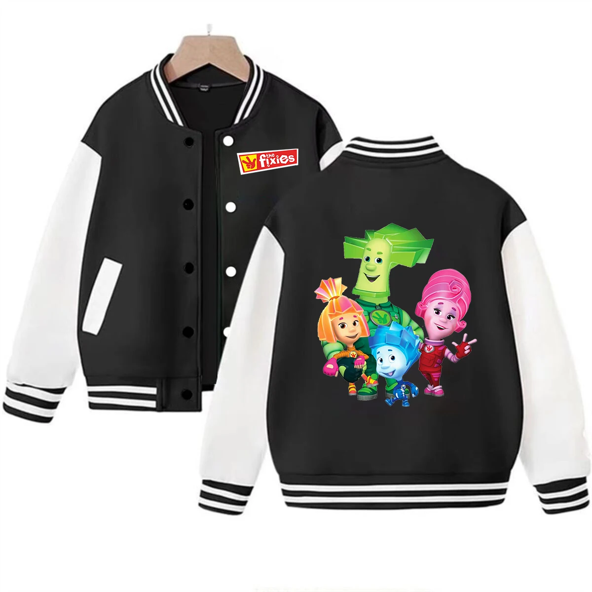 The Fixies Graphic Baseball Jacket Boys Girls Harajuku Sweatshirts Cartoon Print Long Sleeve Coat Autumn Kids Casual Outerwear
