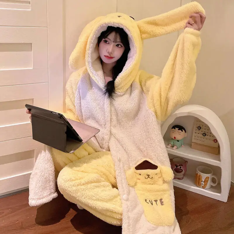 

Sanrio Pompom Purins коралловый бархатный пижамный халат зимний бархатный утолщенный фланелевой спальный халат средней длины с капюшоном домашняя одежда