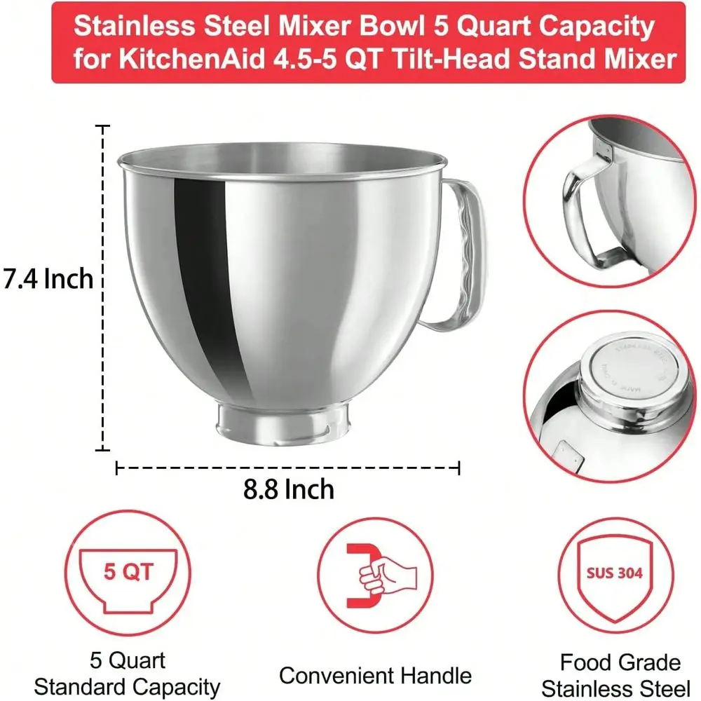 

Steel Bowl For Kitchen Aid ClassicArtisan Series 4.55 QT TiltHead Mixer, 5 Quart 304 Stainless Steel Bowl With Handle, Dishwash