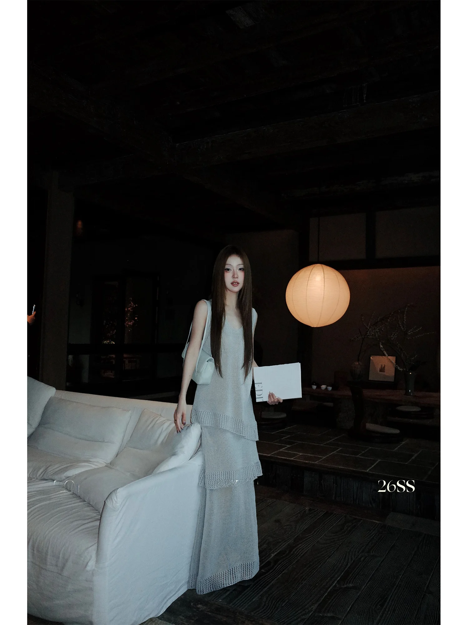 

Gray Ceramic Knitted Vest Top And Skirt Set Women's Fashion Loose Fit Long Sleeve Casual Spring Outfit Asymmetric Design