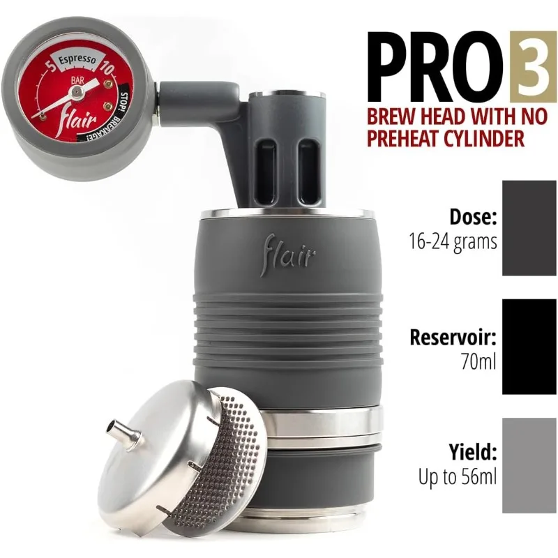 Flair UPDATED PRO 3 (Black) - All manual lever espresso maker with a stainless steel brew head, pressure gauge and a shot mirror