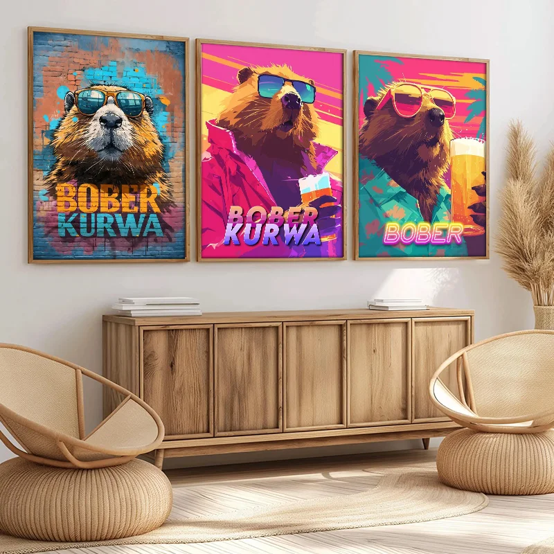 Retro Bober Kurwa 80s Meme Poster Prints Canvas Painting Funny Animals Beer Hawaii Pictures for Home Living Room Decor Cuadros