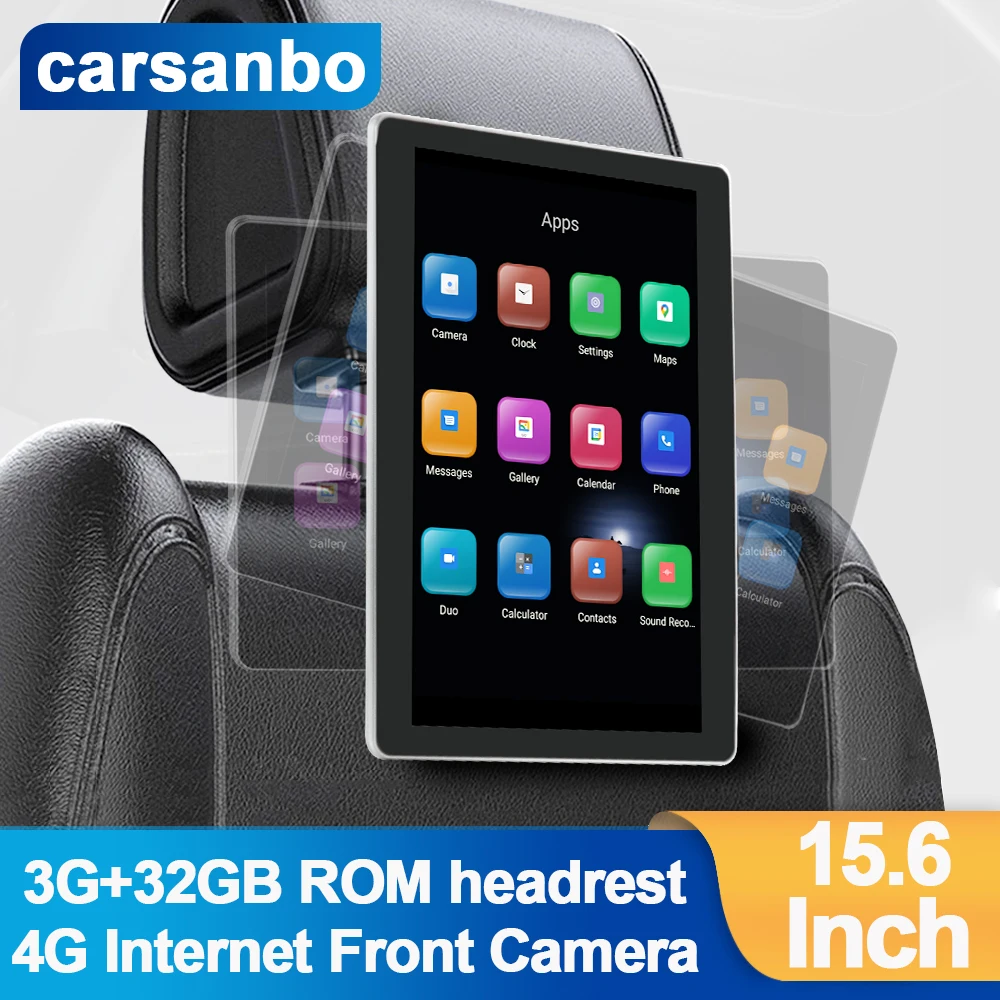 

Carsanbo 15.6” Android 11 Auto Headrest Monitor Rear seat Multimedia TV Video player rotatable 2K Full Touch Screen Front Camera