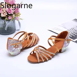 2026 Women Summer New Water Diamond Latin Shoes Kids' Satin Artificial 3.5CM Heels Jazz Waltz Tango Modern Ballroom Dance Shoes