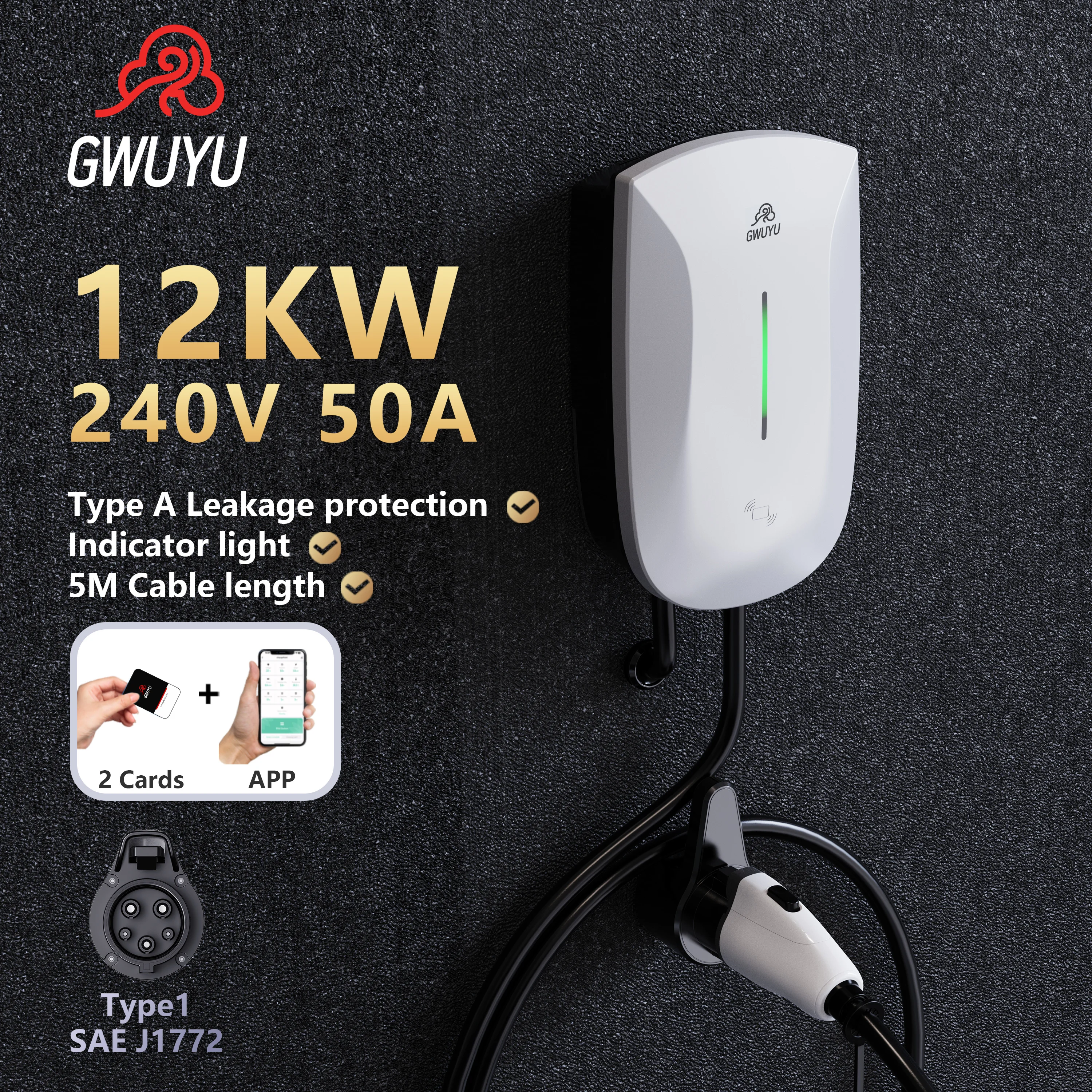 

EV Charging Station GWUYU JZ30-1 Type 1 J1772 7.6KW 32A 9.6KW 40A 12KW 50A 110-240V APP Control Swipe Charging Wallbox Charger