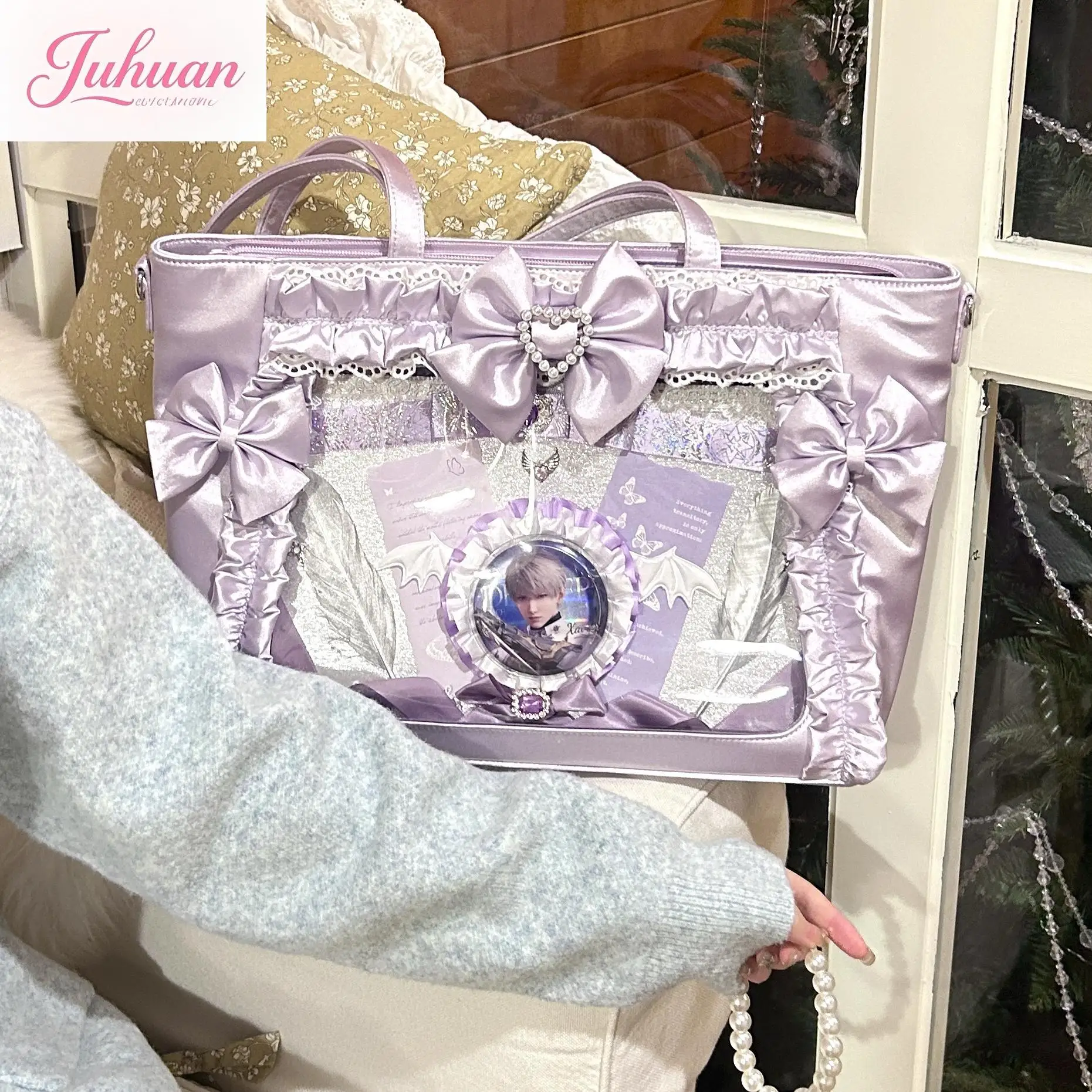 Japanese Lolita Satin Frilly Bow Pearl Lace Tote Bag women Sweet Large Capacity College Style Lta Bag Shoulder Handbag Ladies - Image 5